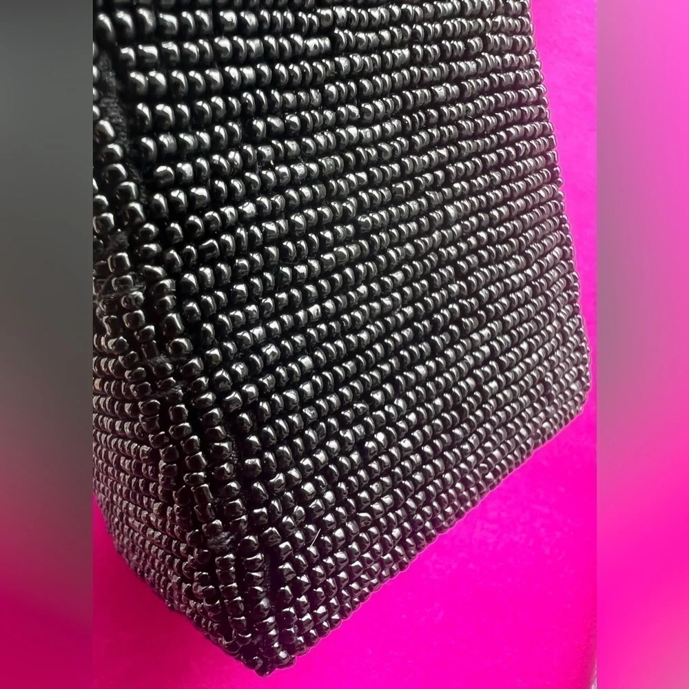 BEADED black cosmetic rectangle cosmetic/ evening mini bag with built in mirror